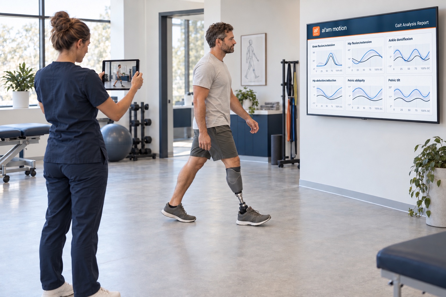 AI illustration: a prosthetist records a patient walking with a below-knee prosthesis on an iPad, while a screen ahead displays gait analysis report charts.